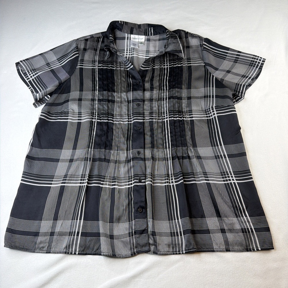Coldwater Creek Women's 2X Black White Plaid 100% Silk Button Front Blouse